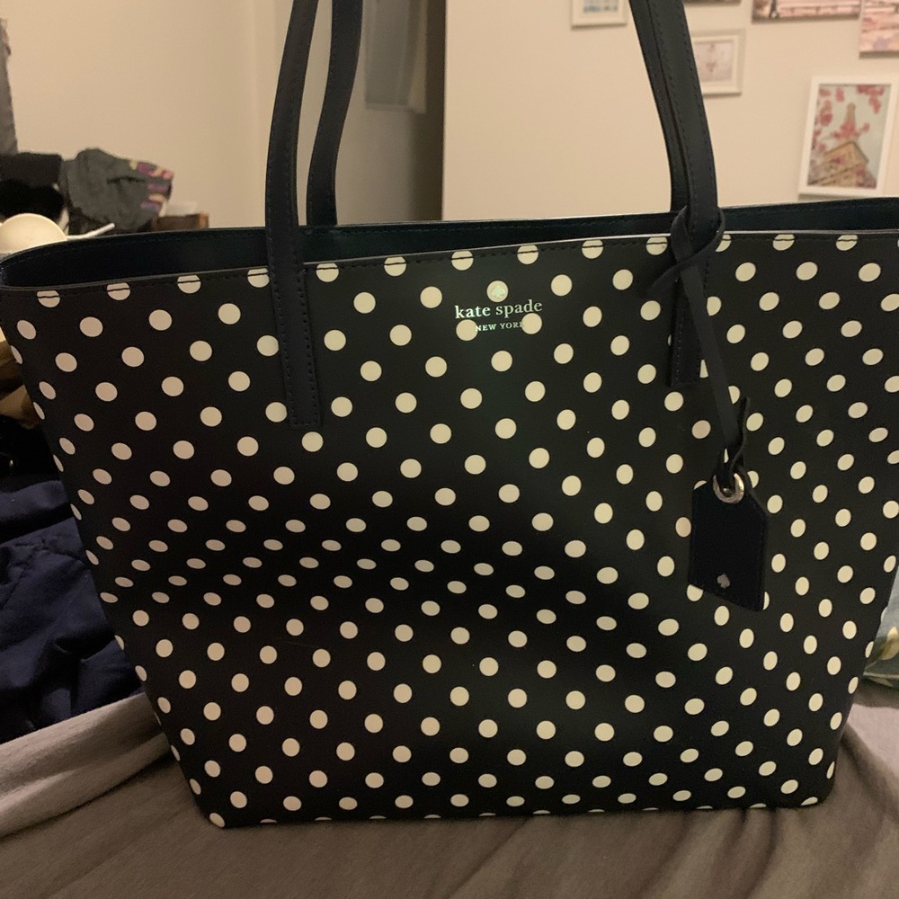 Kate Spade Janie Lady Dot Medium Navy Blue with White Dots Tote Bag